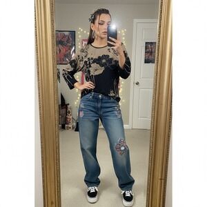 Jess & Jane Womens Floral Bedazzled Top Large Y2K Boho‎ Grunge Vintage